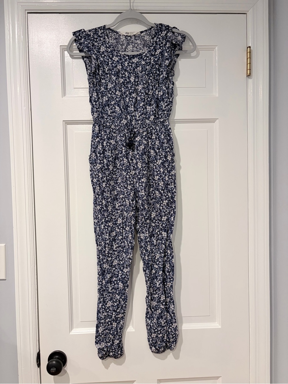 H&M Navy and White Floral Ruffle-Shoulder Jumpsuit